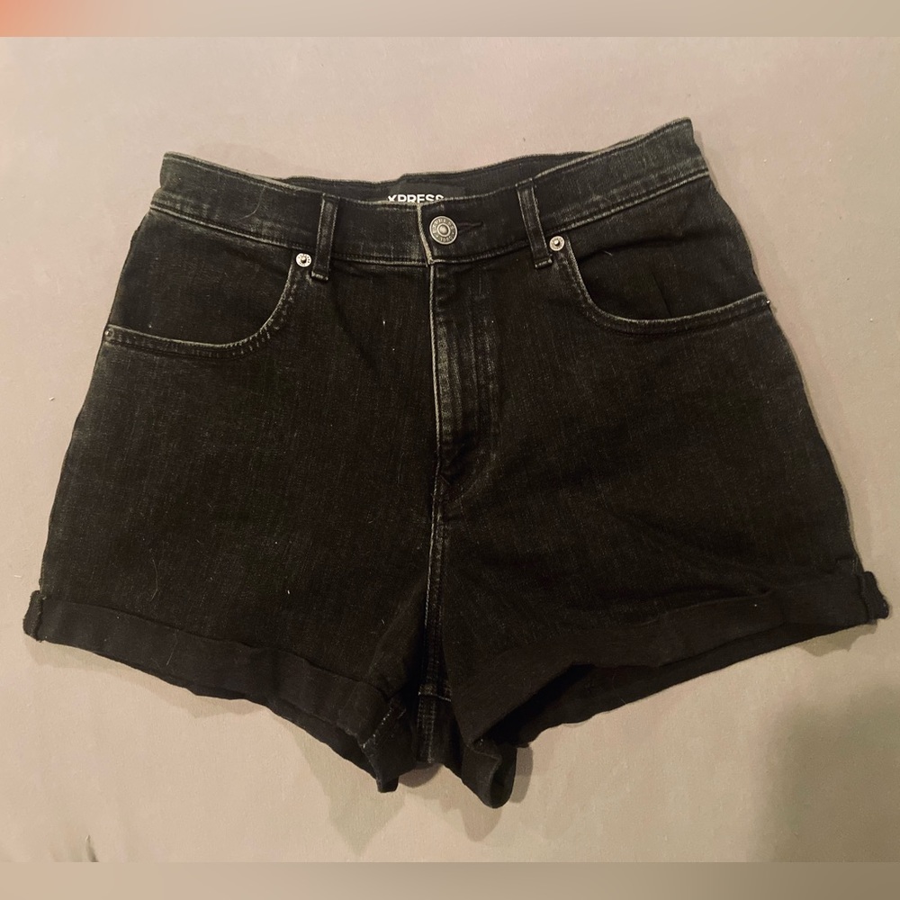 EXPRESS Mom Shorts Shortie Super High Rise Black Wash Stretch Denim